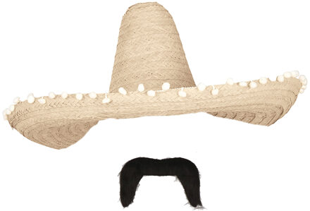 Carnaval verkleed set - Mexicaanse sombrero hoed met plaksnor - naturel - heren