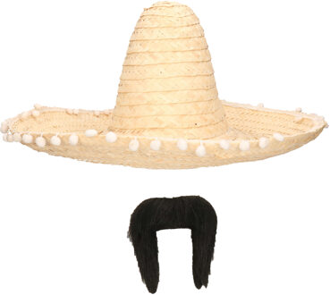 Carnaval verkleed set - Mexicaanse sombrero hoed met plaksnor - naturel - heren