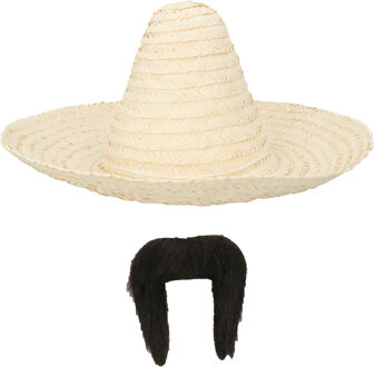 Carnaval verkleed set - Mexicaanse sombrero hoed met plaksnor - naturel - heren