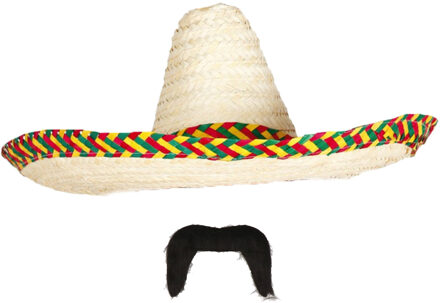 Carnaval verkleed set - Mexicaanse sombrero hoed met plaksnor - naturel - heren