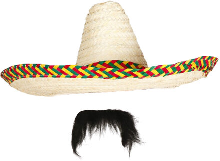 Carnaval verkleed set - Mexicaanse sombrero hoed met plaksnor - naturel - heren