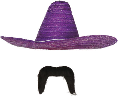 Carnaval verkleed set - Mexicaanse sombrero hoed met plaksnor - paars - heren