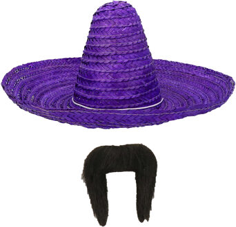 Carnaval verkleed set - Mexicaanse sombrero hoed met plaksnor - paars - heren