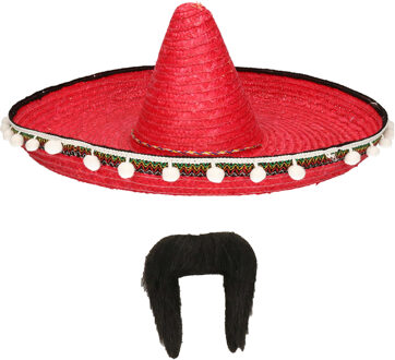 Carnaval verkleed set - Mexicaanse sombrero hoed met plaksnor - rood - heren
