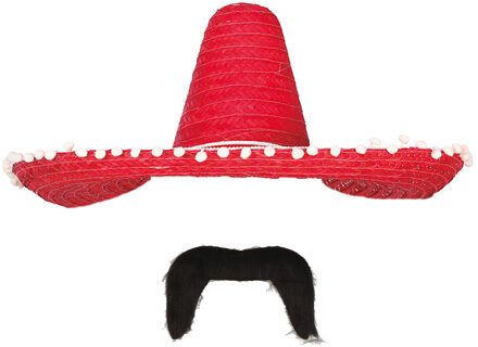 Carnaval verkleed set - Mexicaanse sombrero hoed met plaksnor - rood - heren