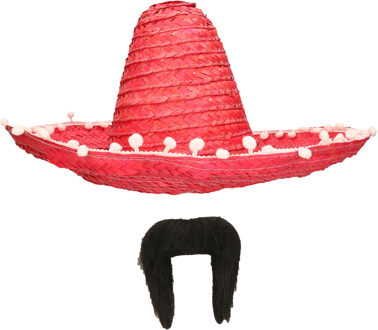 Carnaval verkleed set - Mexicaanse sombrero hoed met plaksnor - rood - heren
