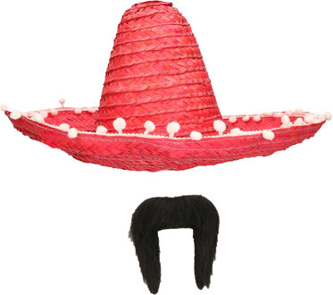 Carnaval verkleed set - Mexicaanse sombrero hoed met plaksnor - rood - heren