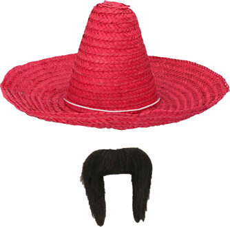 Carnaval verkleed set - Mexicaanse sombrero hoed met plaksnor - rood - heren