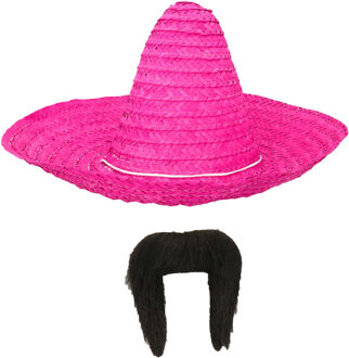 Carnaval verkleed set - Mexicaanse sombrero hoed met plaksnor - roze - heren