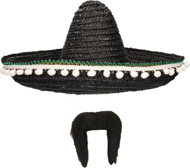 Carnaval verkleed set - Mexicaanse sombrero hoed met plaksnor - zwart - heren