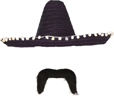 Carnaval verkleed set - Mexicaanse sombrero hoed met plaksnor - zwart - heren