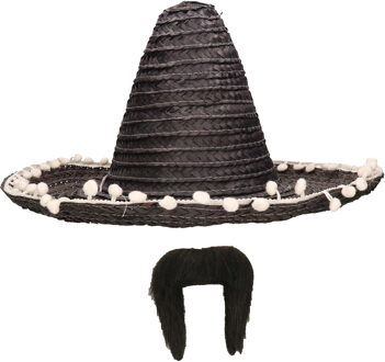 Carnaval verkleed set - Mexicaanse sombrero hoed met plaksnor - zwart - heren