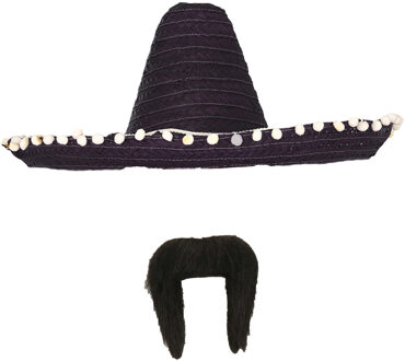 Carnaval verkleed set - Mexicaanse sombrero hoed met plaksnor - zwart - heren