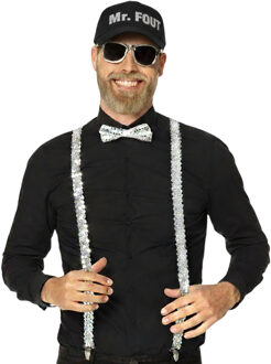 Carnaval verkleed set - Mr. fout pet/bretels/party bril/vlinderstrik - glitter zilver - volwassenen