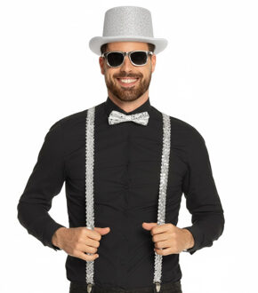 Carnaval verkleed set - pailletten hoedje/bretels/bril/vlinderstrik - zilver - volwassenen