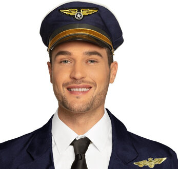 Carnaval verkleed set - pilotenpet - blauw - met een wings broche - heren/dames