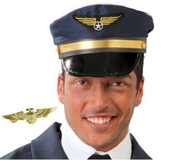 Carnaval verkleed set - pilotenpet - blauw - met een wings broche - heren/dames