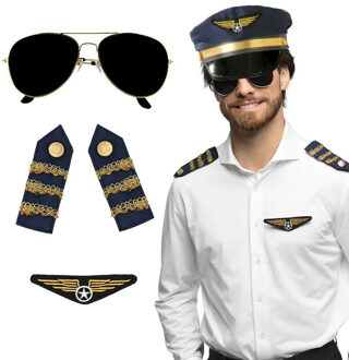 Carnaval verkleed set - pilotenpet - blauw - met epauletten/badge/zonnebril - heren/dames