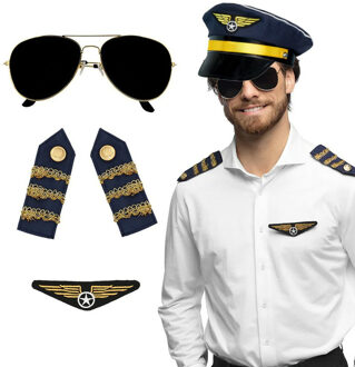 Carnaval verkleed set - pilotenpet - blauw - met epauletten/badge/zonnebril - heren/dames