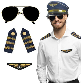 Carnaval verkleed set - pilotenpet - blauw - met epauletten/badge/zonnebril - heren/dames