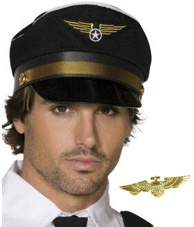 Carnaval verkleed set - pilotenpet - zwart - met een wings broche - heren/dames
