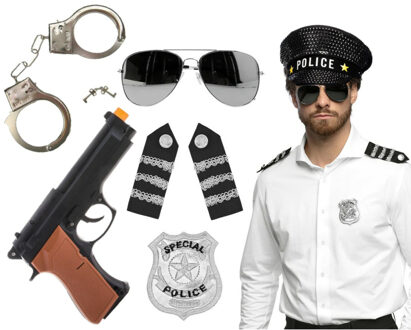 Carnaval verkleed set - politiepet zwart - handboeien/epauletten/badge/zonnebril/pistool