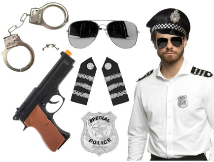 Carnaval verkleed set - politiepet zwart - handboeien/epauletten/badge/zonnebril/pistool