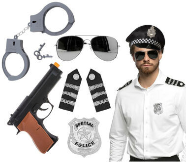 Carnaval verkleed set - politiepet zwart - handboeien/epauletten/badge/zonnebril/pistool