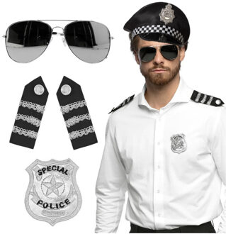 Carnaval verkleed set - politiepet - zwart - met epauletten/badge/zonnebril - heren/dames
