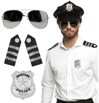 Carnaval verkleed set - politiepet - zwart - met epauletten/badge/zonnebril - heren/dames
