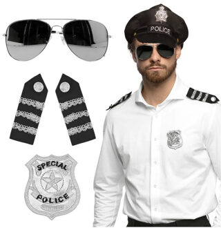 Carnaval verkleed set - politiepet - zwart - met epauletten/badge/zonnebril - heren/dames