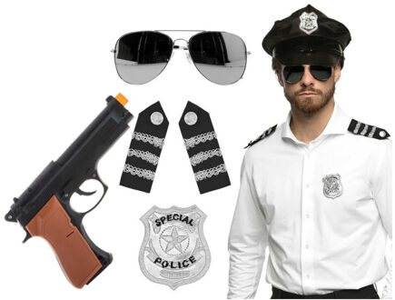 Carnaval verkleed set - politiepet - zwart - met epauletten/badge/zonnebril/pistool - heren/dames