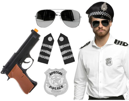 Carnaval verkleed set - politiepet - zwart - met epauletten/badge/zonnebril/pistool - heren/dames