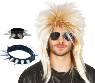 Carnaval verkleed set punker - wilde pruik - spikes ketting en armband
