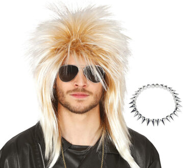 Carnaval verkleed set punker - wilde pruik - spikes ketting zilver