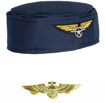 Carnaval verkleed set - stewardessen hoedje - blauw - met een wings broche - dames