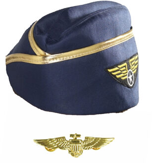 Carnaval verkleed set - stewardessen hoedje - blauw - met een wings broche - dames