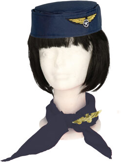 Carnaval verkleed set Stewardessen - hoedje/broche/sjaaltje - blauw/goud - dames - luchtvaart