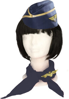 Carnaval verkleed set Stewardessen - hoedje/broche/sjaaltje - blauw/goud - dames - luchtvaart