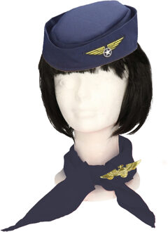 Carnaval verkleed set Stewardessen - hoedje/broche/sjaaltje - blauw/goud - dames - luchtvaart