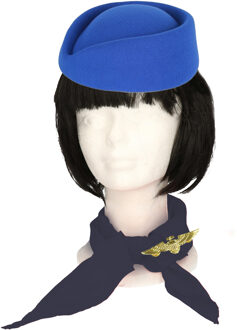 Carnaval verkleed set Stewardessen - hoedje/broche/sjaaltje - blauw/goud - dames - luchtvaart