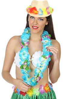 Carnaval verkleed set - Tropische Hawaii party - bloemen band strohoedje - en bloemenkrans blauw