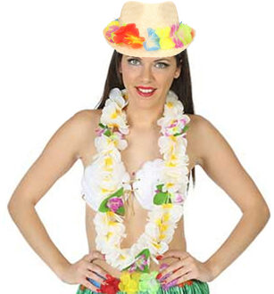 Carnaval verkleed set - Tropische Hawaii party - bloemen band strohoedje - en bloemenkrans wit
