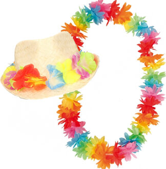 Carnaval verkleed set - Tropische Hawaii party - bloemen band strohoedje - en bloemenkrans