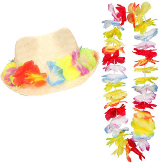 Carnaval verkleed set - Tropische Hawaii party - bloemen band strohoedje - en bloemenkrans