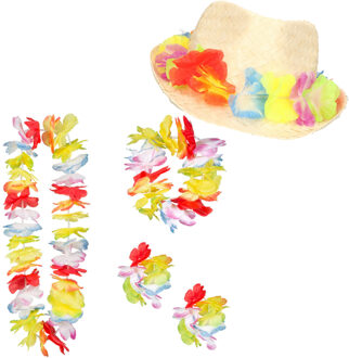 Carnaval verkleed set - Tropische Hawaii party - bloemen band strohoedje - en bloemenkransen set