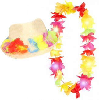 Carnaval verkleed set - Tropische Hawaii party - bloemen band strohoedje - en LED bloemenkrans