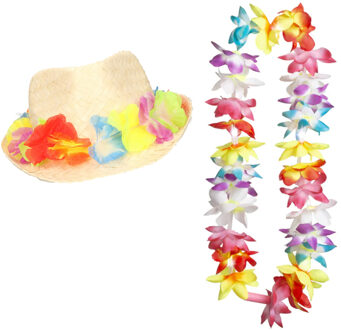 Carnaval verkleed set - Tropische Hawaii party - bloemen band strohoedje - en LED bloemenkrans
