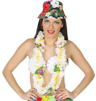 Carnaval verkleed set - Tropische Hawaii party - Bucket Hoedje - Bloemenslinger wit - volwassenen