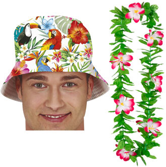 Carnaval verkleed set - Tropische Hawaii party - bucket hoedje - met bloemenslinger - volwassenen